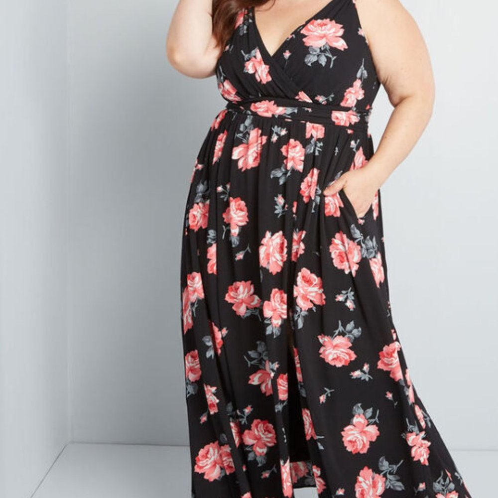 Modcloth Black Roses Print Maxi Dress NWT